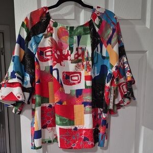 NWT ALI MILES Colorful Abstract Angel Sleeve Women's Top SIZE XL